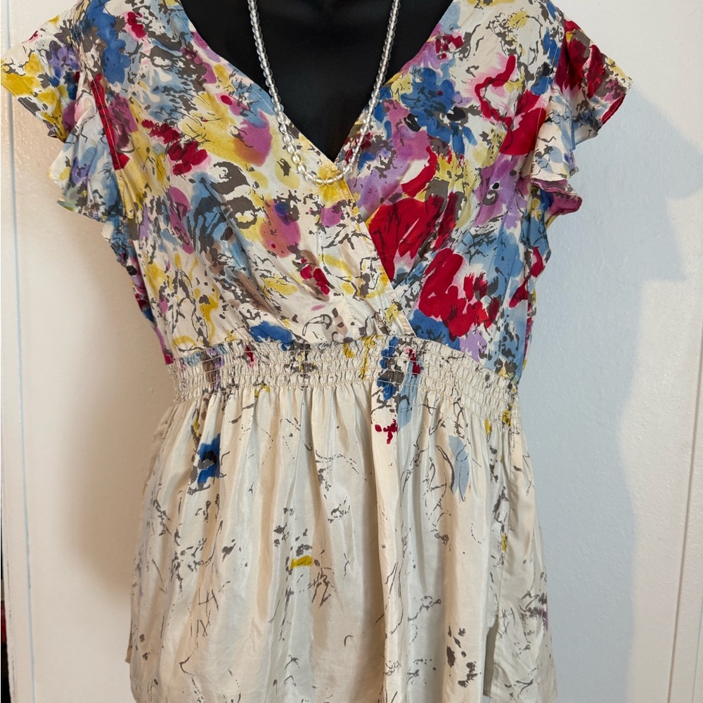 Silk Ruffled Red and Blue Wrap Blouse